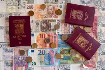 banknotes and coins of different currencies with passport , Euro CHF CZK PLN IDR
