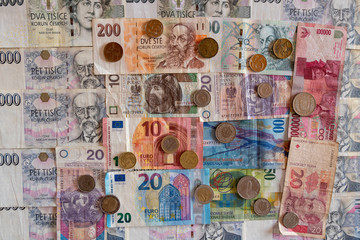 banknotes and coins of various currencies, Euro CHF CZK PLN IDR