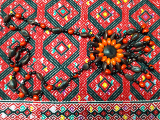 Embroidery embroidery of the ancient people of South America - Maya. In the frame there is a red...