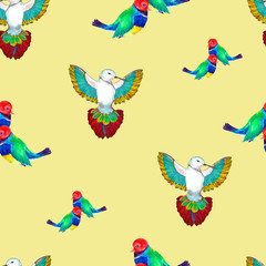  Colorful bird painting in watercolor.  Seamless pattern on yellow background.
