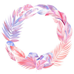 Fototapeta na wymiar Wreath of Palm pink and purple leaves, leaves of palm tree, watercolor illustration on isolated white background, greeting card