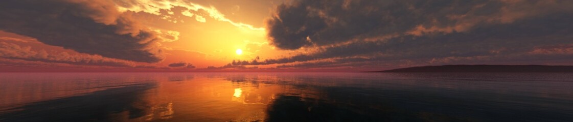 Dramatic sea sunset, beautiful panorama of the sea landscape at sunrise, 3D rendering