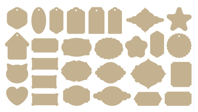 Vintage labels shape templates. Craft paper cutout. Die-cut knives forms. Pastry cookies pattern. Gift card or tag. Old aged retro style. Blank sticker for signature. Nameplate shape. Big vector set.