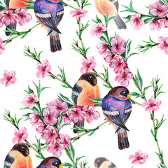 Watercolor birds with branch flowers peach on white background. Seamless pattern for fabric.