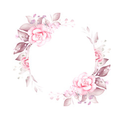 Soft brown watercolor floral frame. Botanic decoration illustration of roses and gold leaves. Botanic composition for wedding or greeting card design isolated background