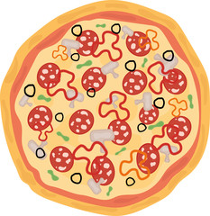 Round fresh pizza with cheese, olive, sausage, basil, mushrooms, pepper. Traditional italian pizza. Vector illustration isolated on white background.