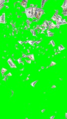Flying dollars banknotes isolated on chromakey. Money is flying in the air. 100 US banknotes new sample. Vertical orientation. 3D illustration