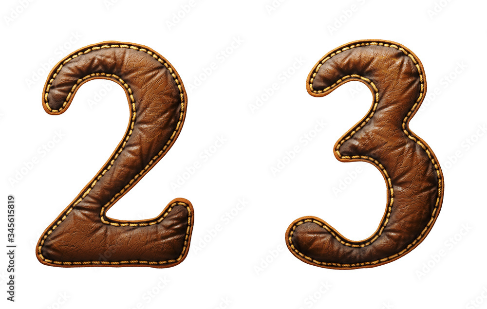 Fototapete set of numbers 2, 3 made of leather. 3d render font with skin texture isolated on white background.