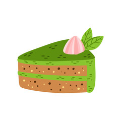 Matcha cake cartoon illustration with leaves.