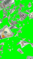 Flying dollars banknotes isolated on chromakey. Money is flying in the air. 100 US banknotes new sample. Vertical orientation. 3D illustration