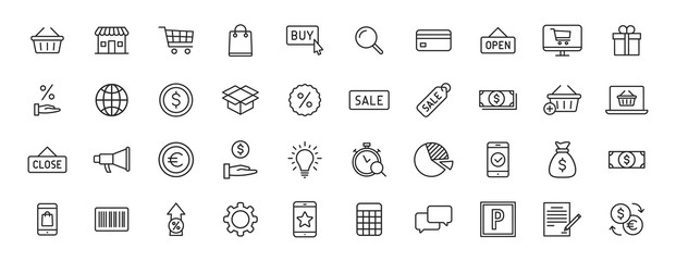 Obraz na płótnie Canvas Set of 40 E-commerce and shopping web icons in line style. Mobile Shop, Digital marketing, Bank Card, Gifts. Vector illustration.