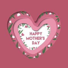 Happy Mother’s Day. Heart shape with tiny floral ornament. Paper cut style illustration. Vector greeting card, banner template. - 345616673