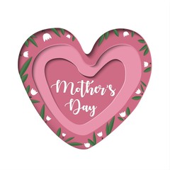 Mother’s Day. Beautiful vector greeting card template paper cut style. Pink Heart shape and tulips floral pattern on white background. Unusual graphic design template. - 345616685