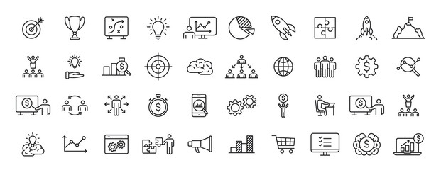 Set of 40 Business strategy web icons in line style. Startup, investment, financial, development, marketing, idea. Vector illustration.