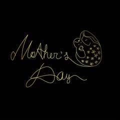 Happy Mother's Day. Beautiful vector stylish illustration of mum and child. Golden graphic on black background. Line art.