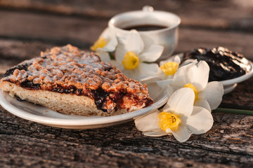 a piece of grated jam pie