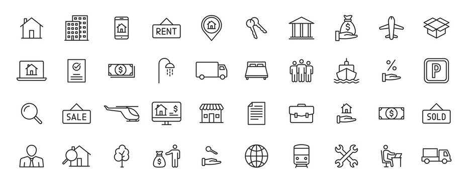 Set of 40 Real Estate web icons in line style. Rent, building, agent, house, auction, realtor. Vector illustration.