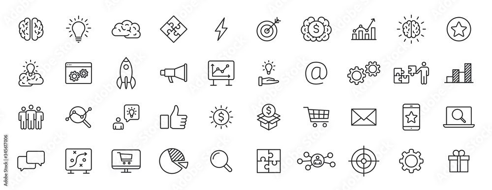 Poster set of 40 creativity and idea web icons in line style. creativity, finding solution, brainstorming, 