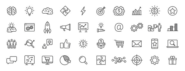 Set of 40 Creativity and Idea web icons in line style. Creativity, Finding solution, Brainstorming, Creative thinking, Brain. Vector illustration.