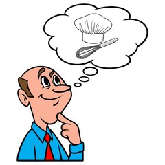Thinking about Cooking - A cartoon illustration of a man thinking about cooking.