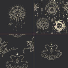 Obraz na płótnie Canvas Vector illustration set of moon phases. Different stages of moonlight activity in vintage engraving style. Zodiac Signs, shining crystals, female hand