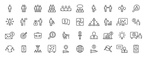 Set of 40 Business people and teamwork web icons in line style. Business, teamwork, leadership, manager. Vector illustration.
