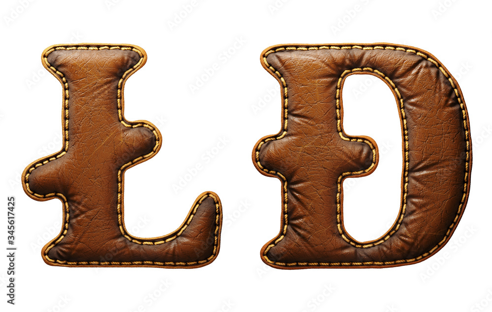 Fototapete set of symbols litecoin and dashcoin made of leather. 3d render font with skin texture isolated on w