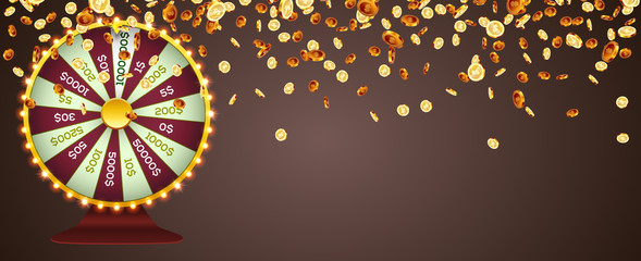 Vector illustration spinning fortune wheel on explosion of gold coins background. Realistic 3d lucky roulette. - 345617811