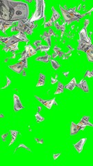 Flying dollars banknotes isolated on chromakey. Money is flying in the air. 100 US banknotes new sample. Vertical orientation. 3D illustration