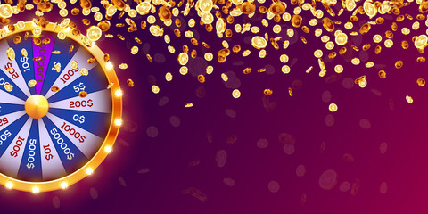 Vector illustration spinning fortune wheel on explosion of gold coins background. Realistic 3d lucky roulette. - 345618042