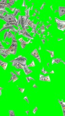 Flying dollars banknotes isolated on chromakey. Money is flying in the air. 100 US banknotes new sample. Vertical orientation. 3D illustration