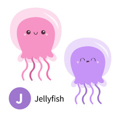 Letter J. Jellyfish. Zoo animal alphabet. English abc with cute cartoon kawaii funny baby animals. Education cards for kids. Isolated. White background. Flat design.