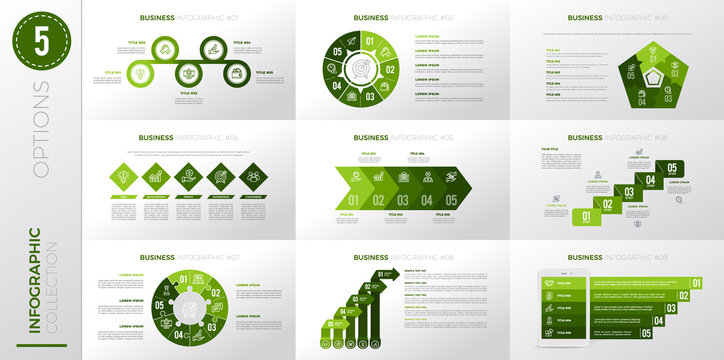Infographic business template with 5 options. Green color version.