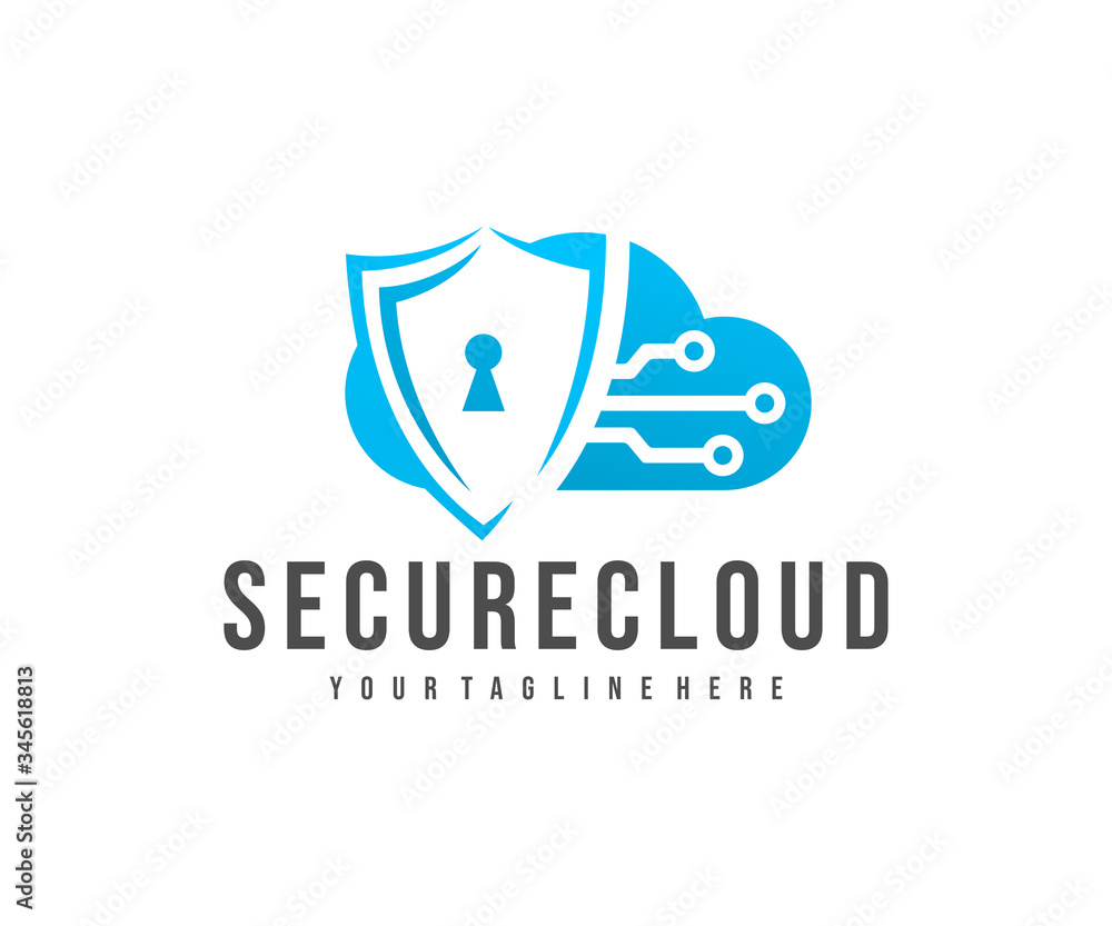 Poster secure cloud storage, cloud, shield and circuit, logo design. cloud computing, digital service, data