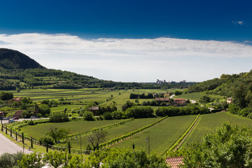 panoramic view of an Italian countryside with vineyards, hills, sky and clouds
