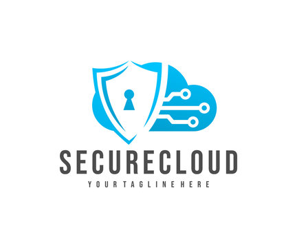 Secure cloud storage, cloud, shield and circuit, logo design. Cloud computing, digital service, data transferring, datacenter and connection network, vector design and illustration