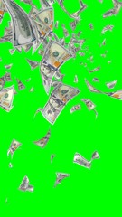 Flying dollars banknotes isolated on chromakey. Money is flying in the air. 100 US banknotes new sample. Vertical orientation. 3D illustration