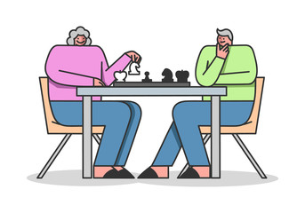 Concept Of Elderly People Leisure. Retirement People Man And Woman Play Chess And Have Fun. Elderly People Sitting At The Table With Chessboard. Cartoon Linear Outline Flat Style. Vector Illustration