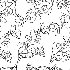 Seamless pattern with magnolias. Black outline on an isolated white background. Flowers in doodle style. Spring magnolias. Abstract floral print. Stock vector illustration.