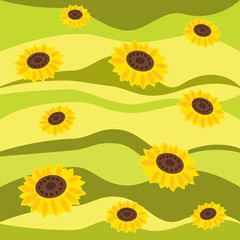 Yellow sunflower abstract waves on green background. Vector illustration.