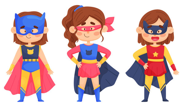 Smiling Girl Character in Superhero Costume and Cloak Standing Ready to Save the World Vector Illustrations Set