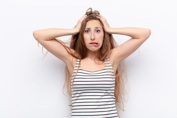 yound blonde woman feeling frustrated and annoyed, sick and tired of failure, fed-up with dull,...