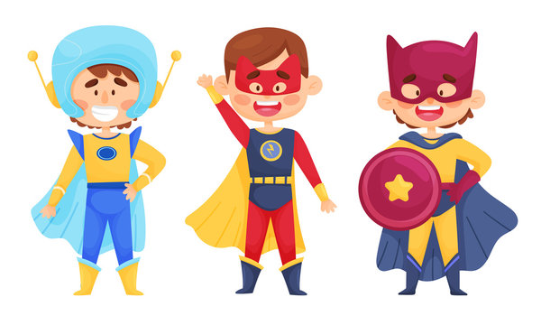 Smiling Boy Character in Superhero Costume and Cloak Standing Ready to Save the World Vector Illustrations Set