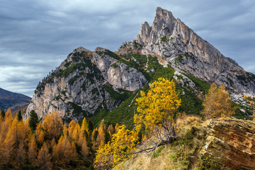Autumn Dolomites mountain scene, Falzarego Pass, Italy