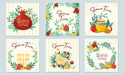 Fototapeta premium Rosh Hashana Jewish Holiday Greeting Cards with Attributes and Symbolic Food Vector Set