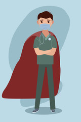 Flat cartoon art with doctor in face mask and superhero cloak for medical design. Health care character concept. Vector illustration.