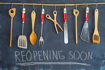 Restaurant display,announcing reopening after the corona lockdown,cooking, culinary concept on...