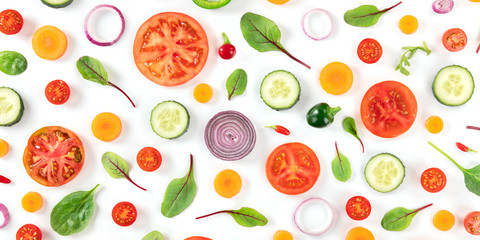 Fresh summer vegetable panorama, a flat lay on a white background, vibrant food pattern, shot from above