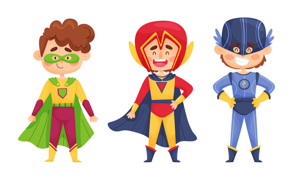 Cute Boys Character in Superhero Costume and Masks Posing Vector Illustrations Set