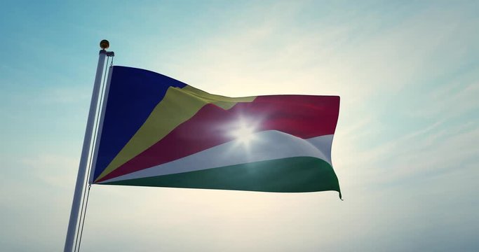 Seychelles flag flying backlit in the sky - Video 3d animation